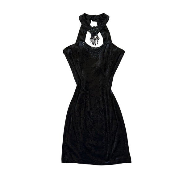 American Vintage Dresses & Skirts - VTG Black velvet mini dress beaded appliqué sweatheart neckline Grunge goth M